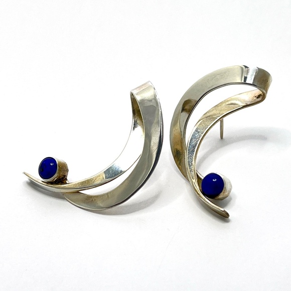 Sterling Silver Sodalite Earrings - Midcentury Modern - Ribbon - Picture 4 of 10